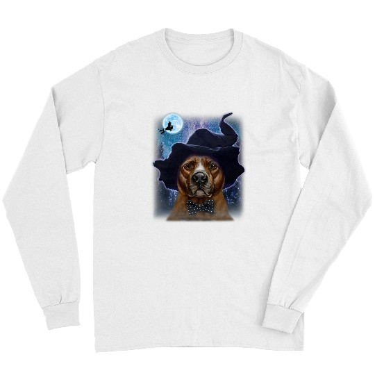 Brown Pit Bull in Witch Hat Halloween Dog Long Sleeves