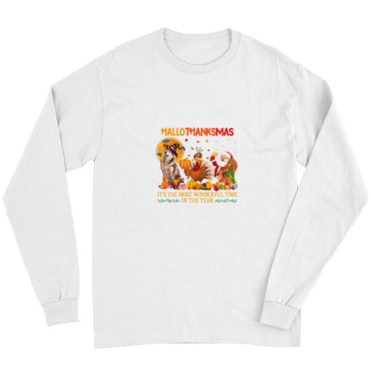 Dog Husky Hallothanksmas Tee Siberian Husky Turkey Santa Claus Holiday Long Sleeves