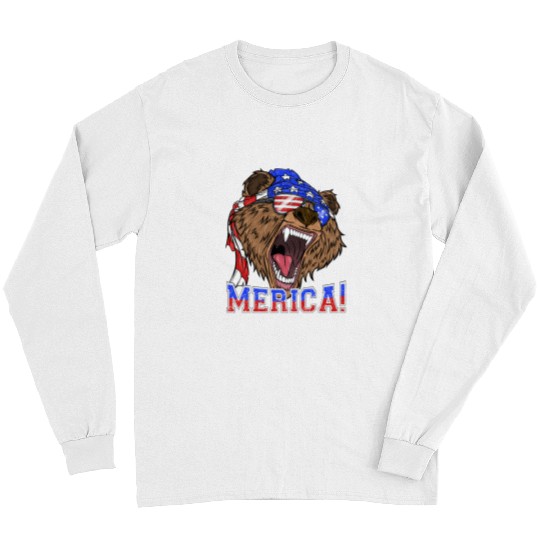 Funny Bear Merica Grizzly Bear 4th of July Patriotic Men Women Cute Bears Long Sleeves