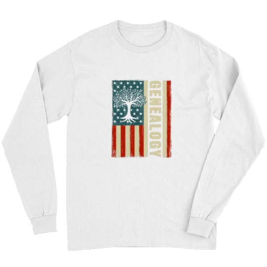 genealogy US Flag 4th of July ancestry ancestor genealogist Long Sleeves
