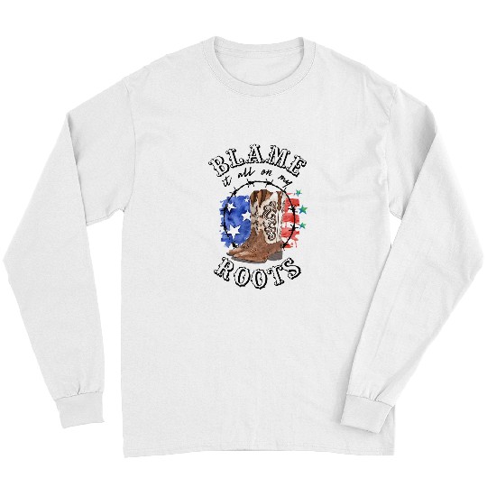 Retro US Flag Cowboy Boots Blame It All On My Roots Western Long Sleeves