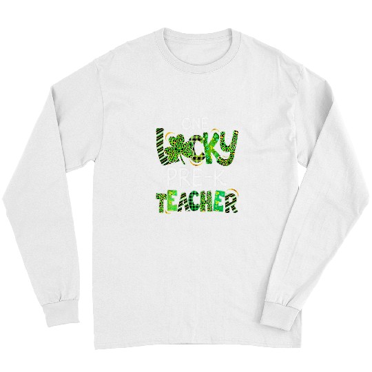 Teacher Job One Lucky Pre K Teacher Shamrock Leopard Plaid Patricks Day Long Sleeves