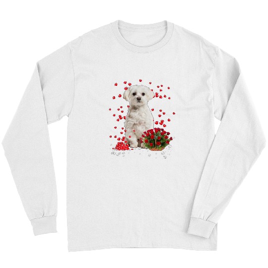 Dog Maltese Hearts Balloons And Rose Basket Valentines Day Long Sleeves
