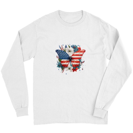 Butterfly USA Flag Floral Cute 4th Of July Women Girl Long Sleeves