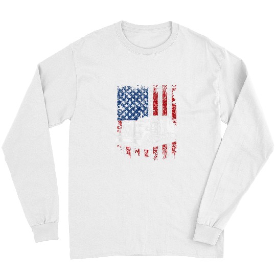 Mens Trucker American Flag Truck Driver Semi Truck ON BACK Long Sleeves