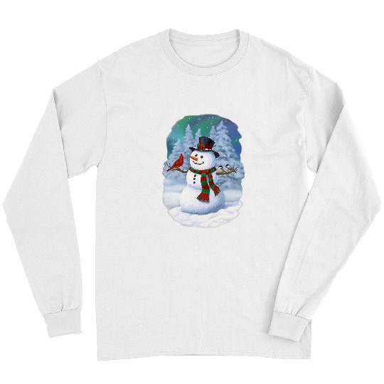 Christmas Snowman Cardinal Bird Chickadees Winter Snow Scene Long Sleeves