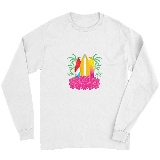 Surf Life Water Sport Palm Trees Surfboard Hibiscus Tropical Surfing Long Sleeves
