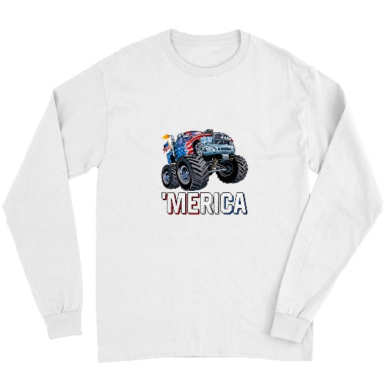 Monster Truck USA Flag Merica Patriotic Boys Men 4th of July Long Sleeves
