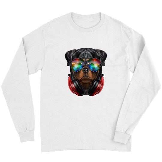 Dog Rottweiler as DJ wearing Space Sunglass and Headphone Long Sleeves