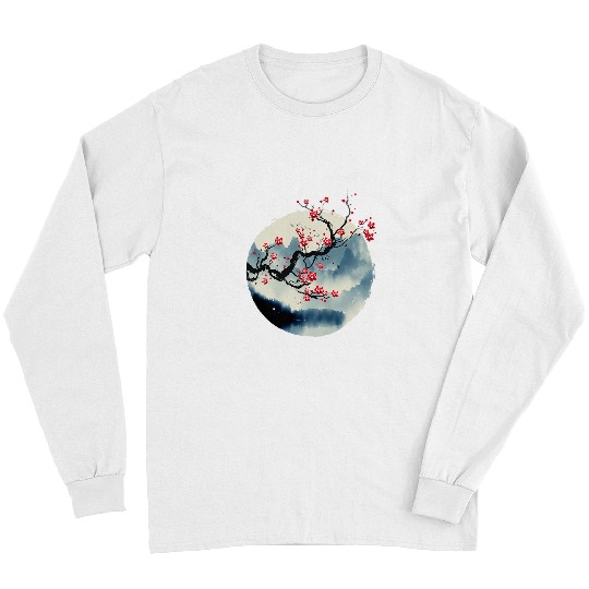 Zen Mountains Cherry Blossom Flowers Japanese Woodblock Art Long Sleeves