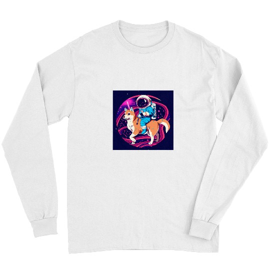 Dog Shiba Inu Astronaut riding a Shiba Inu Retro Colors Synthwave Style Long Sleeves