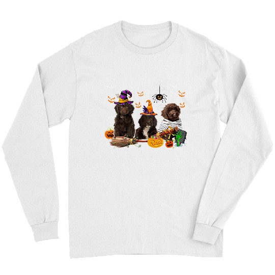 Three Sproodle Dogs Witch Halloween Mummy Scary Pumpkins Long Sleeves