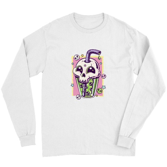 Skeletons Skulls Kawaii Pastel Goth Creepy Skull Boba Bubble Tea Vaporwave 2 Skull Long Sleeves
