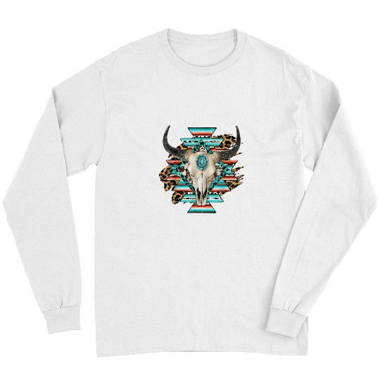 Skeletons Skulls Leopard Turquoise Boho Bull Skull Rodeo Western Country Skull Long Sleeves