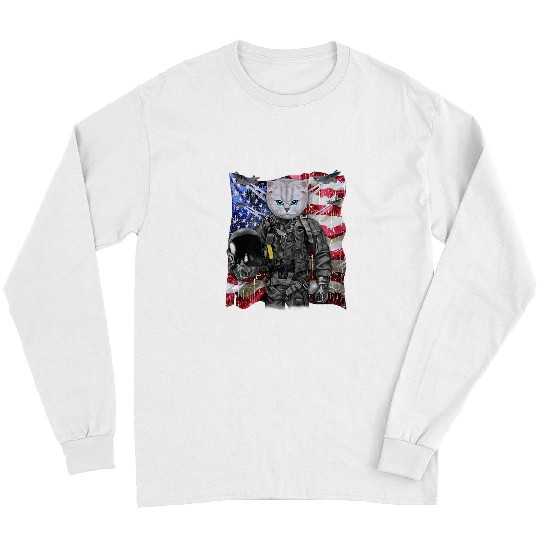 Fluffy White Cat Fighter Jet Pilot with Flag of USA Long Sleeves