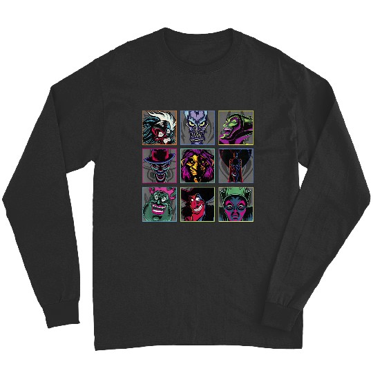 Disney Villains Colorful Neon Big Face Group Shot Panels Long Sleeves