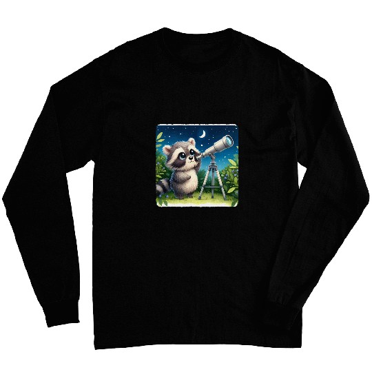 Raccoon Pet Peering Through Telescope At Night Greenery Stars Long Sleeves