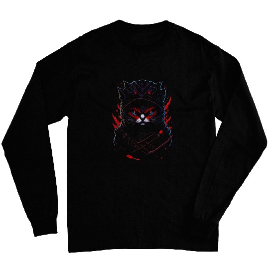 Japanese samurai cat tattoo kawaii ninja cat 5 Long Sleeves
