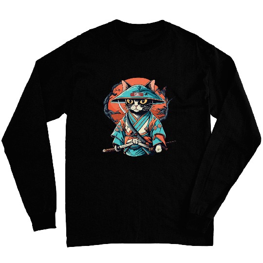 Japanese Samurai Cat Tattoo Kawaii Ninja Cat Ukiyoe Anime Long Sleeves