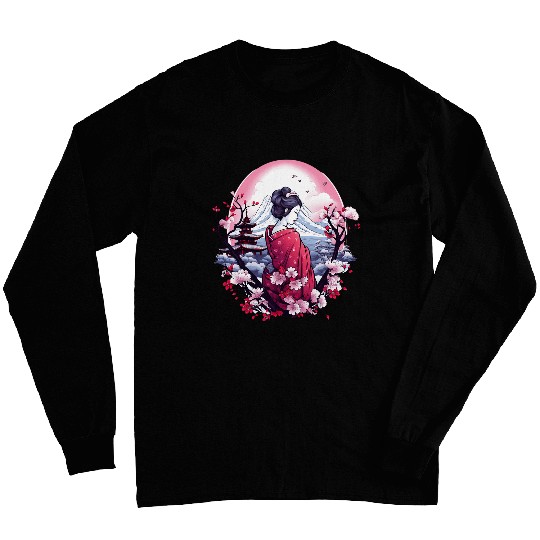 Japanese Geisha With Mount Fuji And Pagoda Cherry Blossom 3 Long Sleeves