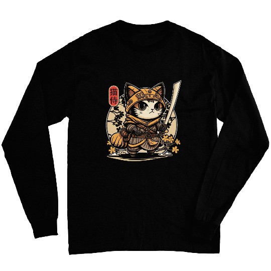 Japanese Samurai Cat Tattoo, Kawaii Ninja Cat Long Sleeves