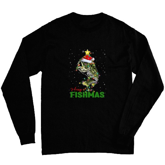 Merry Fishmas Fish Santa Claus Hat Christmas Tree Lights Long Sleeves