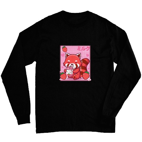 Panda Pet Kawaii Red Panda Strawberry Milk Shake Otaku Anime Lover Long Sleeves