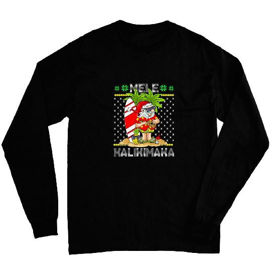 Mele Kalikimaka Santa Claus Surfer Guitar Hawaiian Christmas Long Sleeves