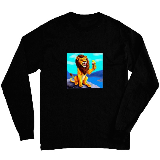 Lion Pet Eating ice Cream Cone on Mountain Top Big Cat Lovers Long Sleeves