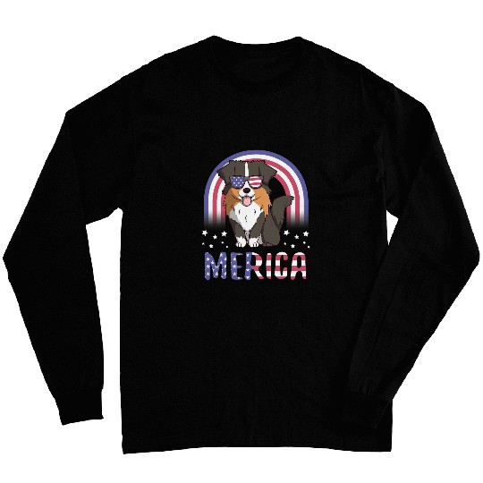 Merica Australian Shepherd Dog USA Flag 4th of July Long Sleeves