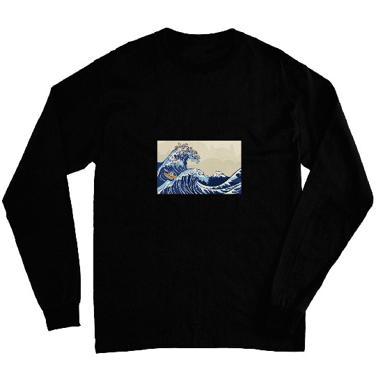 Surf Life Cute Cat Japanese Surfing Great Wave Long Sleeves