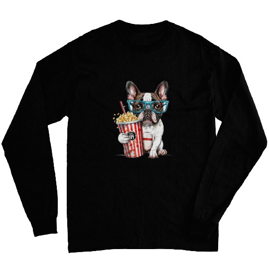 Lacrosse Gift Funny Cute French Bulldog eating popcorn Long Sleeves