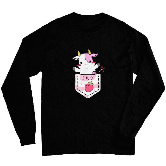 Cow Lover Cute Strawberry Cow Adorable Pink Cow Pocket Japanese Kawaii Long Sleeves