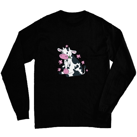 Cow Lover Cute Cow Eating Grass Farm Long Sleeves