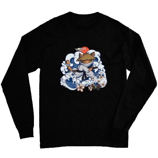 Retro Japanese Cat Samurai Tattoo Graphic Ninja Kawaii 8 Long Sleeves