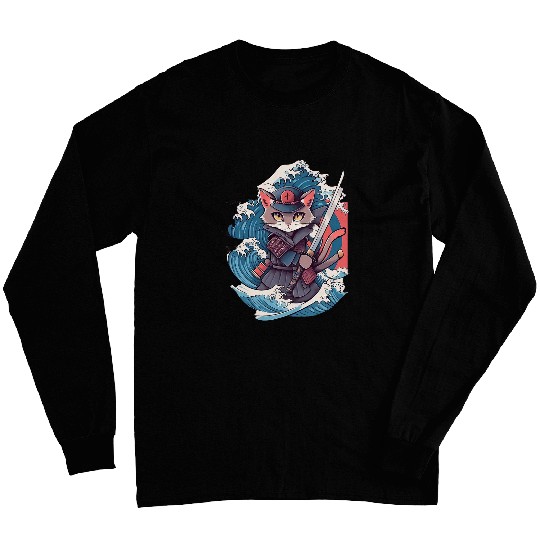 Retro Japanese Cat Samurai tattoo graphic Ninja Kawaii 7 Long Sleeves