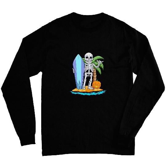 Skeletons Skulls Surfing Halloween Jack O Lantern Pumpkin Surfer Skull Long Sleeves