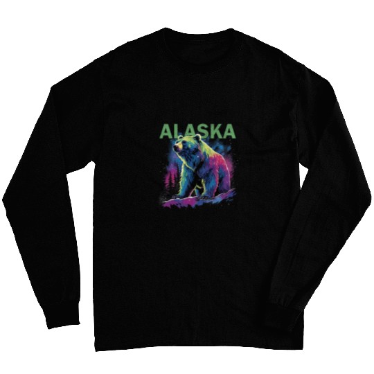 Alaska Northern Lights Grizzly Bear Alaskan Vacation Wildlif Long Sleeves