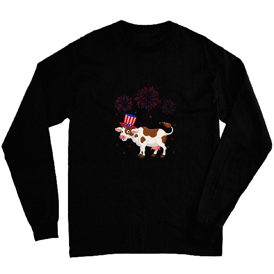 Cow Lover Graphic Red White Blue Fireworks Decor 4th Of July Long Sleeves