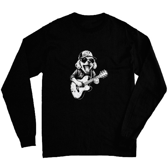 golden retriever dog playing guitar rock on guitarist women Long Sleeves