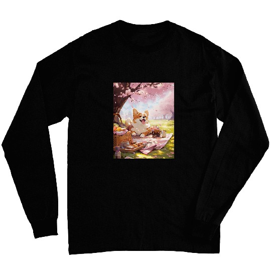Corgi Cherry Blossom Funny Dog Picnic Long Sleeves