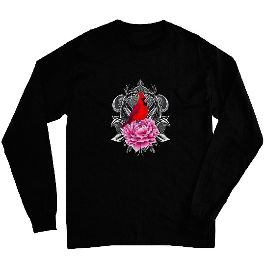 Cardinal Bird With Peony Color indianas State Tattoo Art Long Sleeves