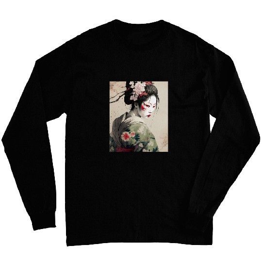 Beautiful Japanese Dark Geisha Sakura Blossoms Kimono Long Sleeves