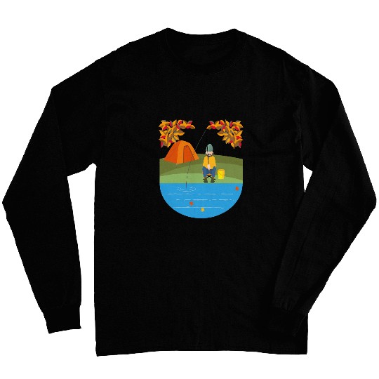 FUN CAMPING TEE MAN LAKE FISHING ROD BUCKET TREES LEAVES Long Sleeves