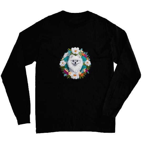 Dog Lover Smiling White Pomeranian Flowers Floral for Women Long Sleeves