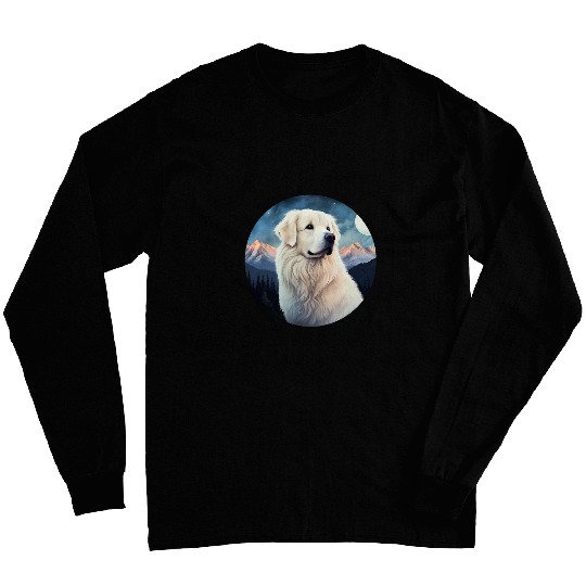 Great Pyrenees Dog Under Moon Snowy Mountain Sunset Long Sleeves