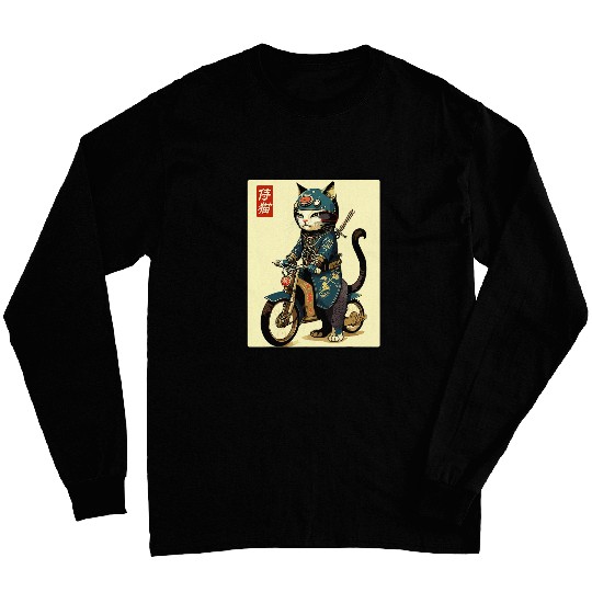 Japanese Samurai Cat on Motorcycle Kawaii Ninja Cat 26 Long Sleeves