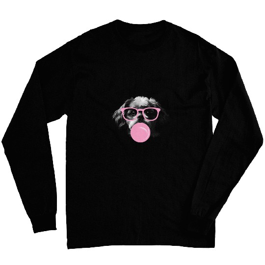 Cute Shih Tzu Dog Face Eating Gum And Makes A Bubble Long Sleeves