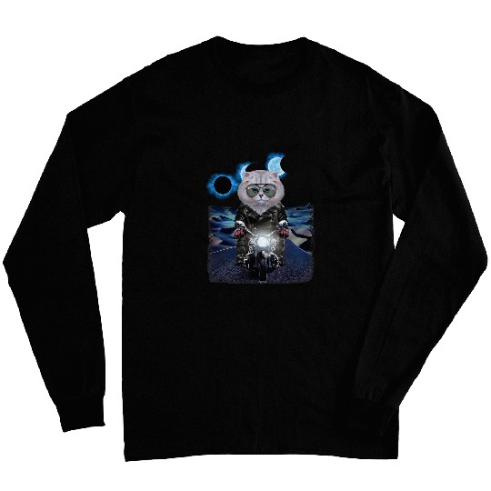 Fluffy White Cat Riding Motorcycle Cruising Desert Eclipse 21 Long Sleeves