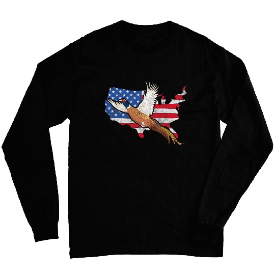 Pheasant Hunter American Flag Graphic Bird Hunting Vintage Long Sleeves